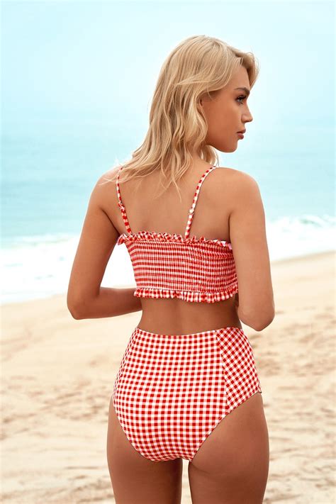 Ruched Gingham Spaghetti Straps Adjustable Straps High Waist Bikini Set Walkonbeach