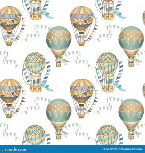 Seamless Pattern With Hand Drawn Festive Hot Air Balloons Stock Illustration Illustration Of