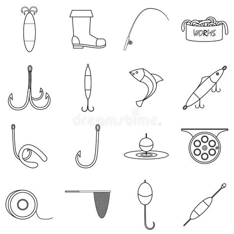 Fishing Tools Items Icons Set Outline Style Stock Vector