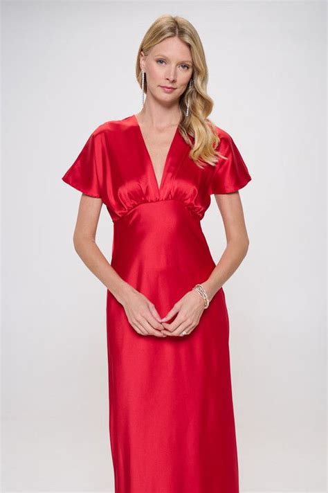 Satin Solid Deep V Neck Formal Dress Reneecollection