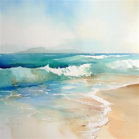 Premium Photo | A watercolor painting of a beach with waves crashing on ...