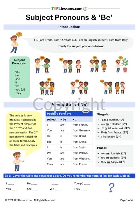 Subject Pronouns TEFL Lessons Tefllessons ESL Lesson Plans