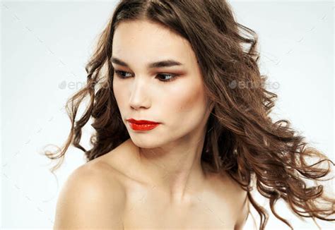 Woman Brunette Red Lips Shadows On Eyelids Portrait Naked Shoulders Stock Photo By Shotprime