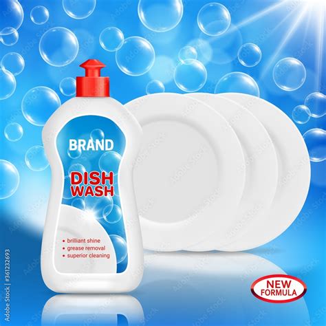 Vecteur Stock Dish Wash Liquid Soap And Clean Dishes Realistic Vector Mockup Dishwashing