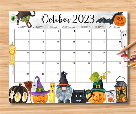 Editable October Calendar Spooky Halloween W Cute Gnome