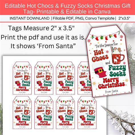 Hot Chocs Fuzzy Socks Tag Editable Christmas Gift Tag Hot Cocoa Printable Label Hot