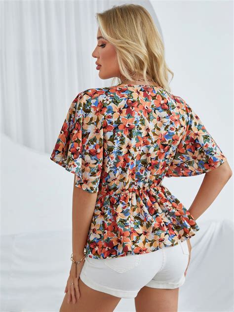 Shein Priv Surplice Neck Allover Floral Print Peplum Top Shein Usa