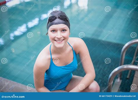 Pretty Woman Wearing Swim Cap And Swimming Goggles Stock Image Image