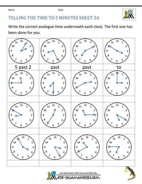 Telling Time To 5 Minutes Worksheets