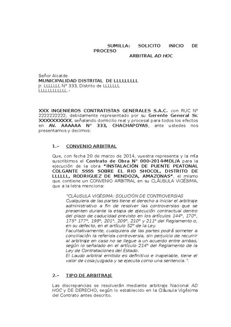 Solicitud DE Arbitraje AD HOC - SUMILLA: SOLICITO INICIO DE PROCESO