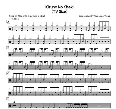 Kizuna No Kiseki Tv Size Drum Sheet Music Score Transcription Tab Art