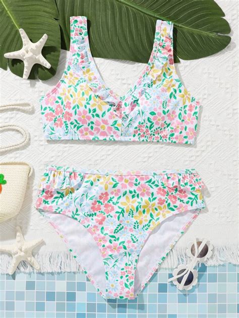 Chicas Adolescentes Ba Ador Bikini Con Estampado Floral Moda De Mujer