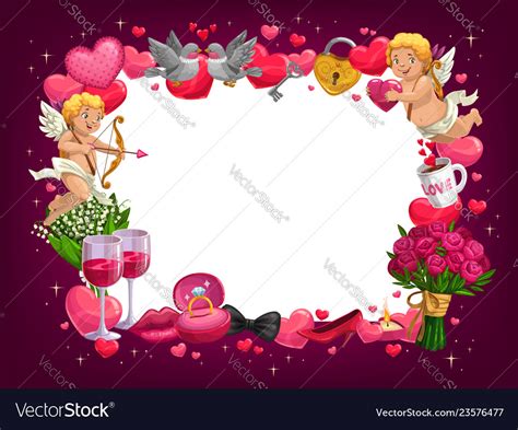 Valentines Day Love Hearts Flowers And Cupids Vector Image