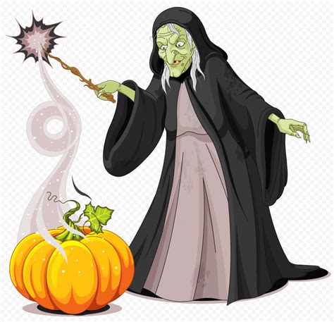 HD Cartoon Halloween Witch Flying On A Broom With Black Cat PNG Citypng