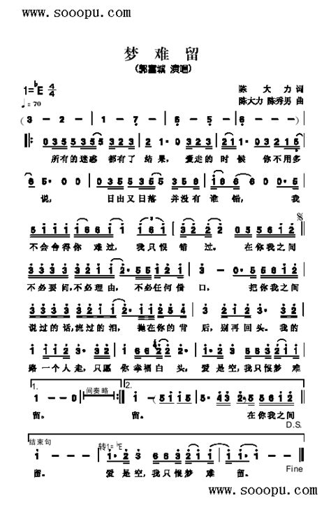 郭富城 《梦难留 歌曲类 简谱》简谱郭富城 简谱大全