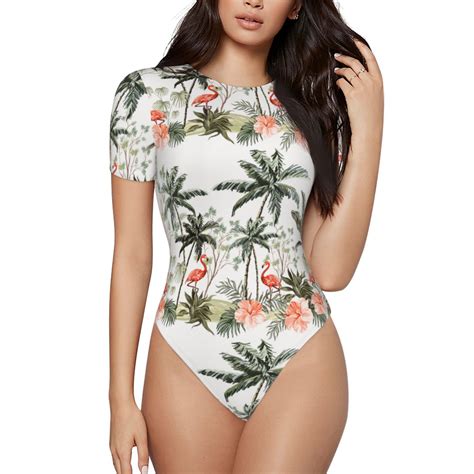 Easygdp Flamingo Palm Trees Womens One Piece Swimsuit Slim Fit Crew