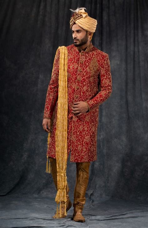 Maroon And Gold Zari Embroidered Wedding Sherwani Rent