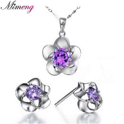 Purple AAA Zirconia 100 Silver 925 Jewelry Sets For Women Plum Flower