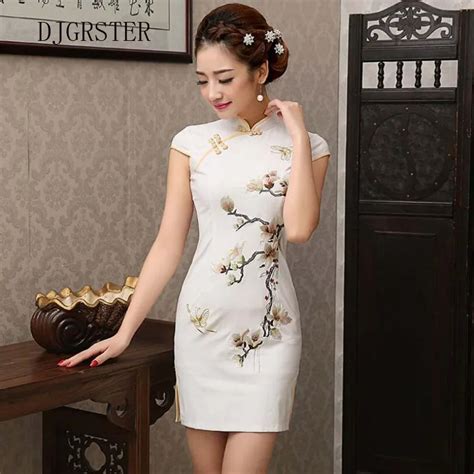 Djgrster Chinese Style Embroidery Cheongsam Dress Women Qipao Short