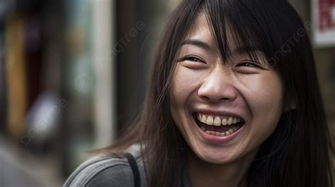 An Asian Woman Is Laughing While Walking Down The Road Background