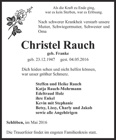 Traueranzeigen Von Christel Rauch Trauer In Thueringen De