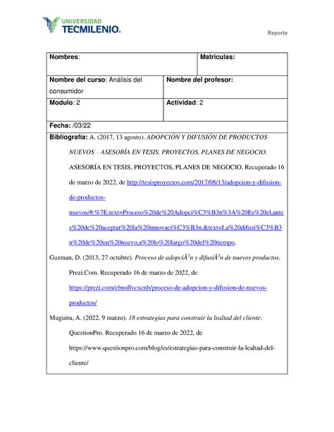 Actividad Analisis Del Consumidor Nombres Matriculas Nombre Del