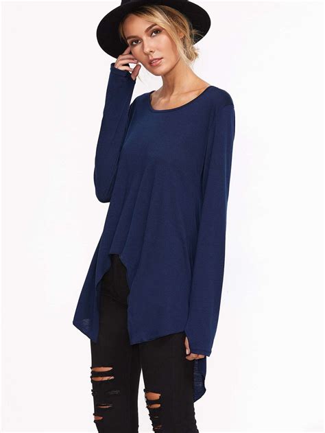 Navy Asymmetric Hem T Shirt Shein Sheinside