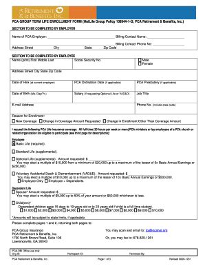 Fillable Online Pcarbi PCA GROUP TERM LIFE ENROLLMENT FORM MetLife