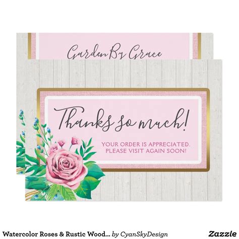 Watercolor Roses And Rustic Wood Pink Thank You Card By Cyanskydesign On