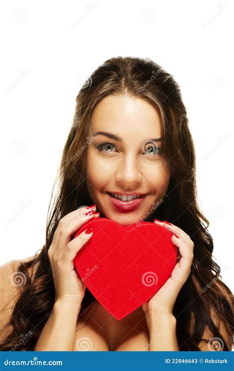 Beautiful Smiling Woman With A Red Heart Stock Image Image Of Heart