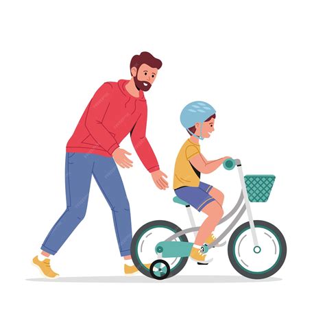 Premium Vector | Dad teaching little son in helmet to ride bike for
