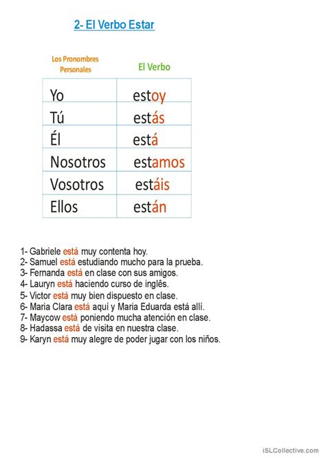 El Verbo Estar Espa Ol Ele Hojas De Trabajo Pdf Doc