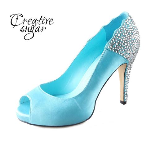 Handmade Aqua Blue Turquoise Rhinestone Heels Open Peep Toe Woman