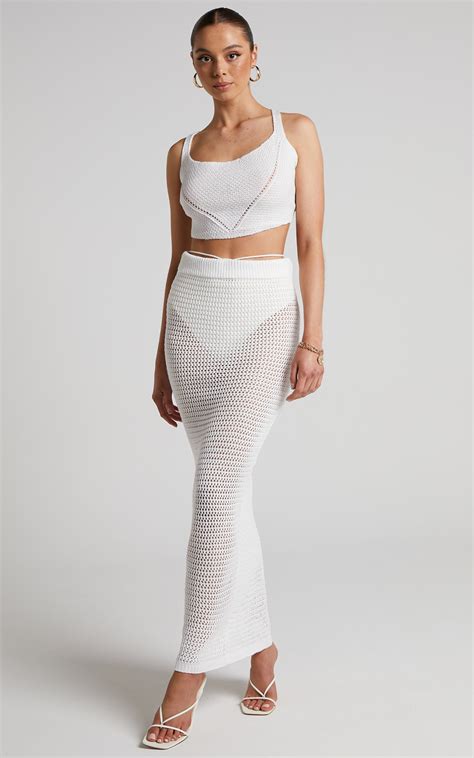 Aveda Two Piece Set Crochet Lace Up Back Crop Top And Maxi Skirt In White Showpo Usa