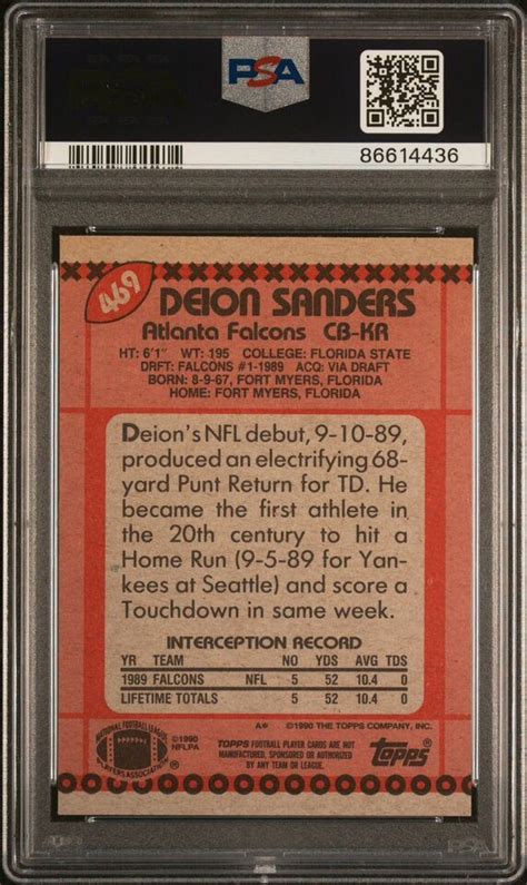 1990 Topps 469 Deion Sanders PSA 8 NM MT Rookie RC SSP Disclaimer Back