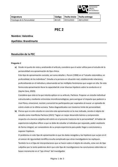 Pec Nota B Asignatura C Digo Fecha Inicio Fecha Entrega Psicolog A