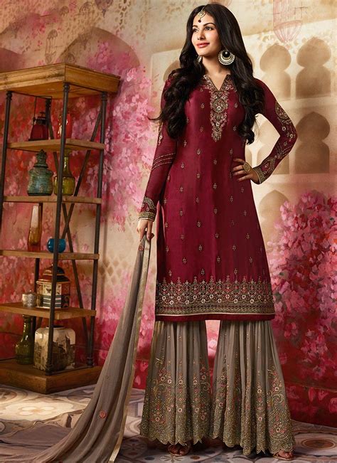 Maroon And Grey Embroidered Gharara Suit Party Wear Dresses