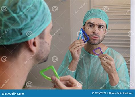 Plastic Surgery Patient Checking His Face Symmetry Stock Photo Image