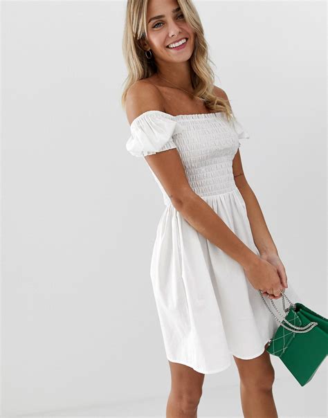 Asos Shirred Bodice Square Neck Cotton Mini Smock Dress In White Lyst