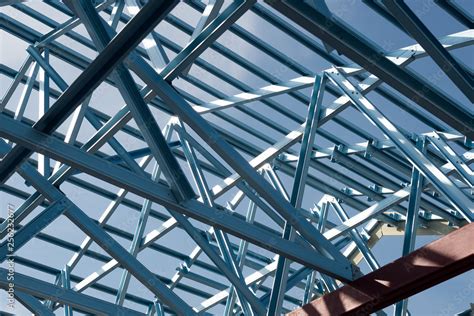 Structure of steel roof frame for building construction. Stock Photo ...