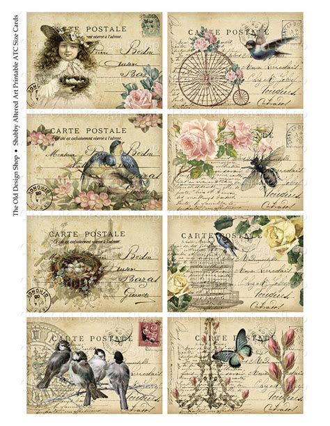 Shabby Altered Postcards ATC Printable Digital Collage Sheet Etsy