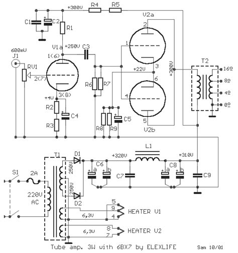 How to build Tube power amplifier 3W with 6BX7 - circuit diagram