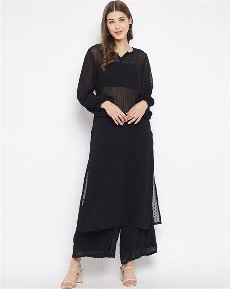 Black Georgette Mahnoor Cotton Kurti Palazzo Set Straight At Rs