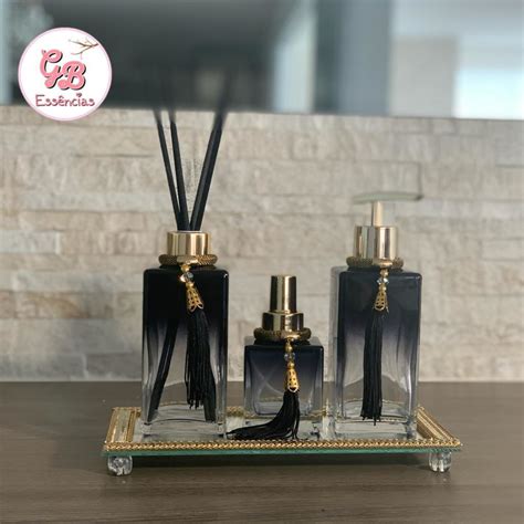 Kit Lavabo Luxo Preto Bandeja Difusor Sabonete Home Spray Elo