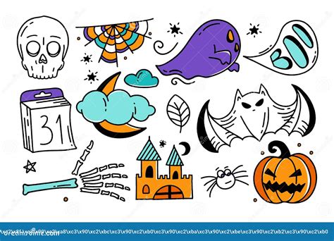 Set Of Halloween Elements Doodle Style Vector Design Illustration Isolated On White Background