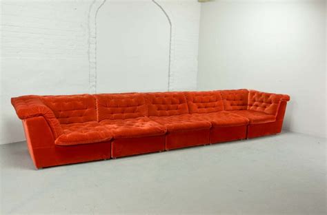 Mid Century Bright Vermilion Red Velvet 1970s Modular Sofa By Laauser