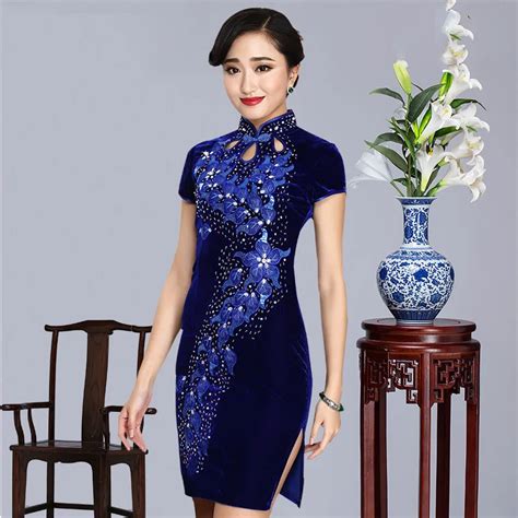 Embroidery Velvet Short Cheongsam Dress Mini Qipao Traditional Chinese