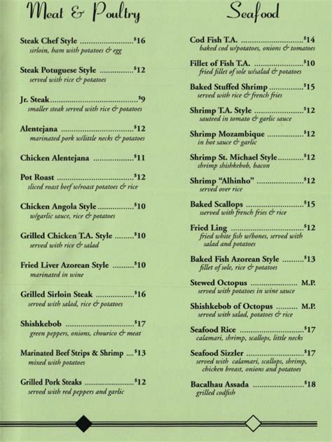 T A Restaurant Fall River Menus