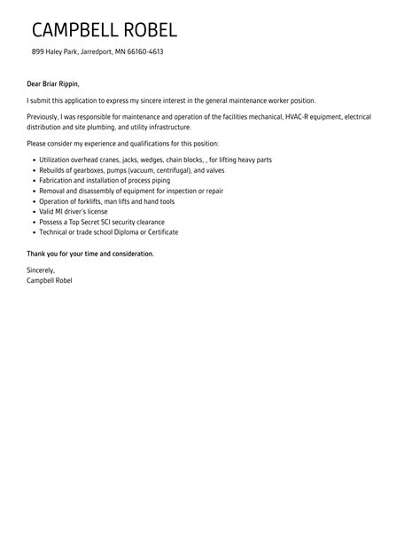 General Maintenance Worker Cover Letter Velvet Jobs