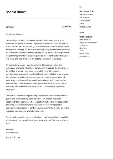 Estimator Cover Letter Example For 2024 Expert Tips And Templates Cvdesignerai